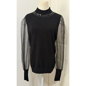 Siani Milano Women's Mock Neck Sequin Sheer Mesh Puff Sleeve Top glam boutique‎